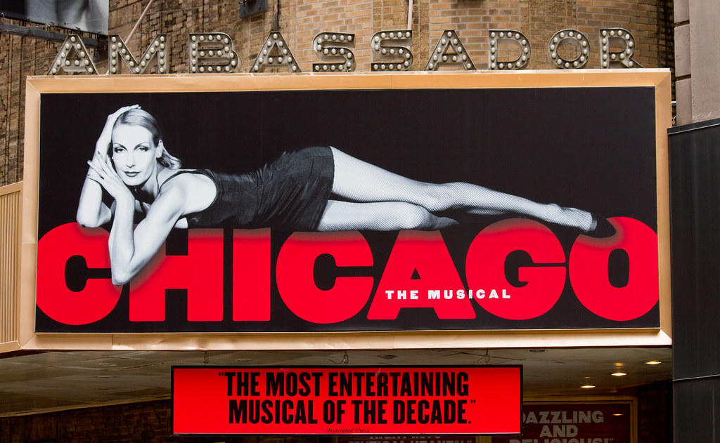 A poster of Chicago The Musical at the Ambassador Theatre on Broadway, NYC. This Chicago production was moved twice before it settled at this theatre, where it has been playing since 2003 to date