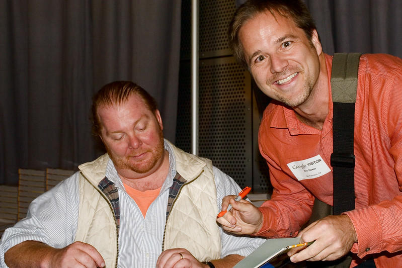 Mario Batali at a book signing with Eric Gower. He has written several cookbooks, from the early 2000s well into the mid to late 2010s, mainly focusing on the family recipes for fit for Americans. From restaurants to TV appearances and cookbooks, Mario made the most of his coking skills