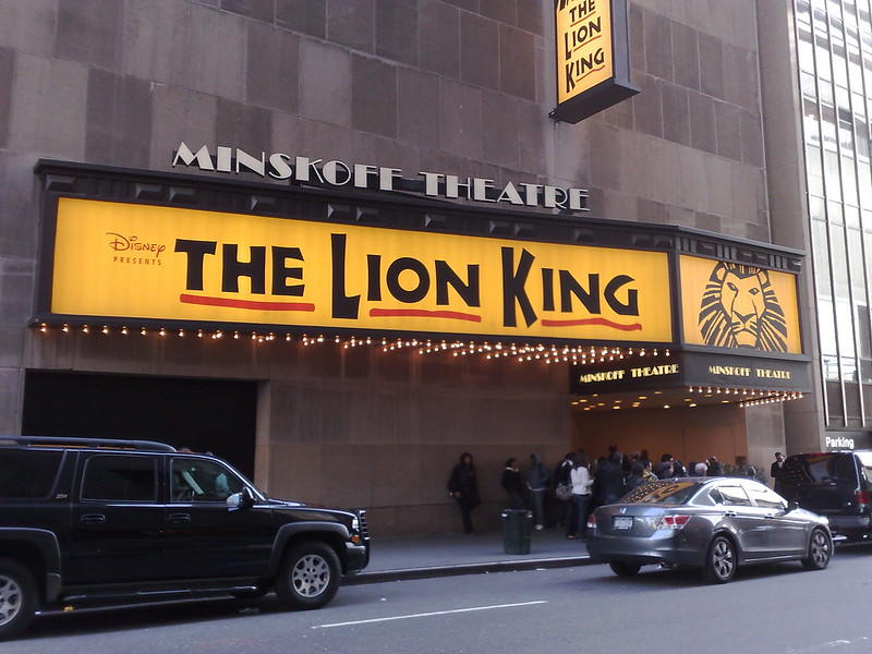 The Lion King Musical poster put up at the Minskoff Theatre in New York City. This presentation is one of the most popular Broadway Shows in New York. However, with all the popularity surrounding it, it has recently fallen behind in popularity to shows like The Book of Mormon