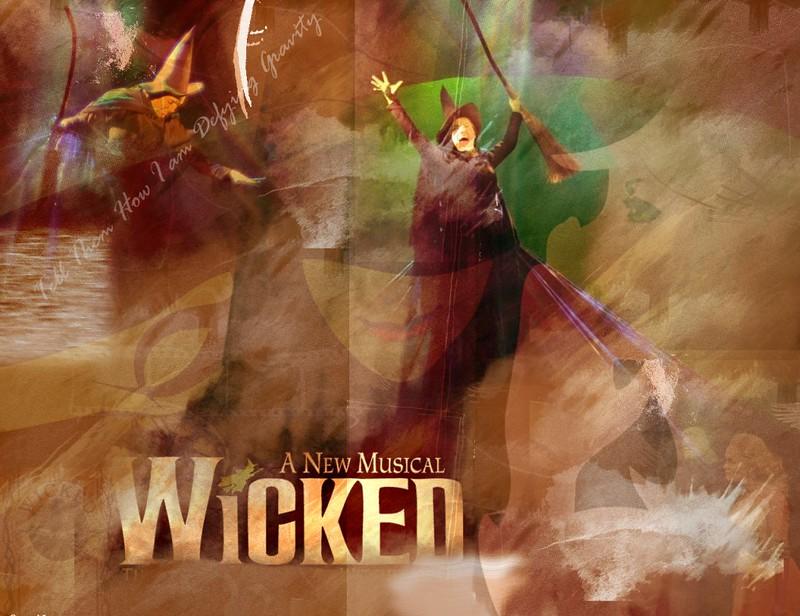 “A new wicked Musical” is written over a collage of different images in which the witch from Wicked is shown. Wicked has become one of the top Broadway shows in New York because of its memorable script and dramatic scenes
