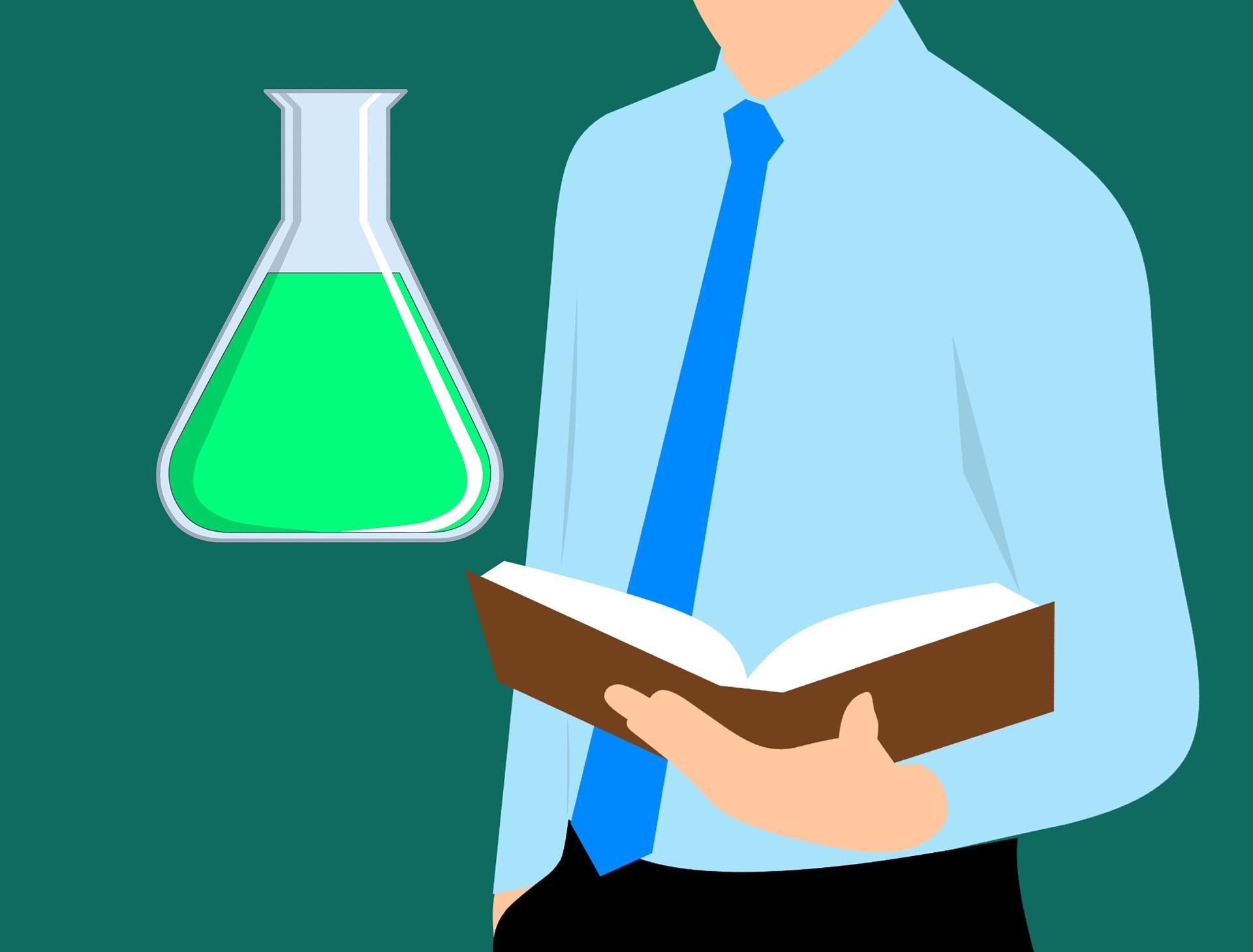 A man holding a book in their hand with a beaker of green liquid depicted next to him