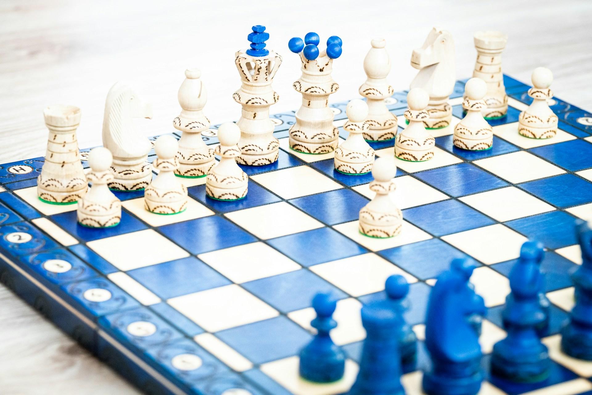 A blue and white chess set.