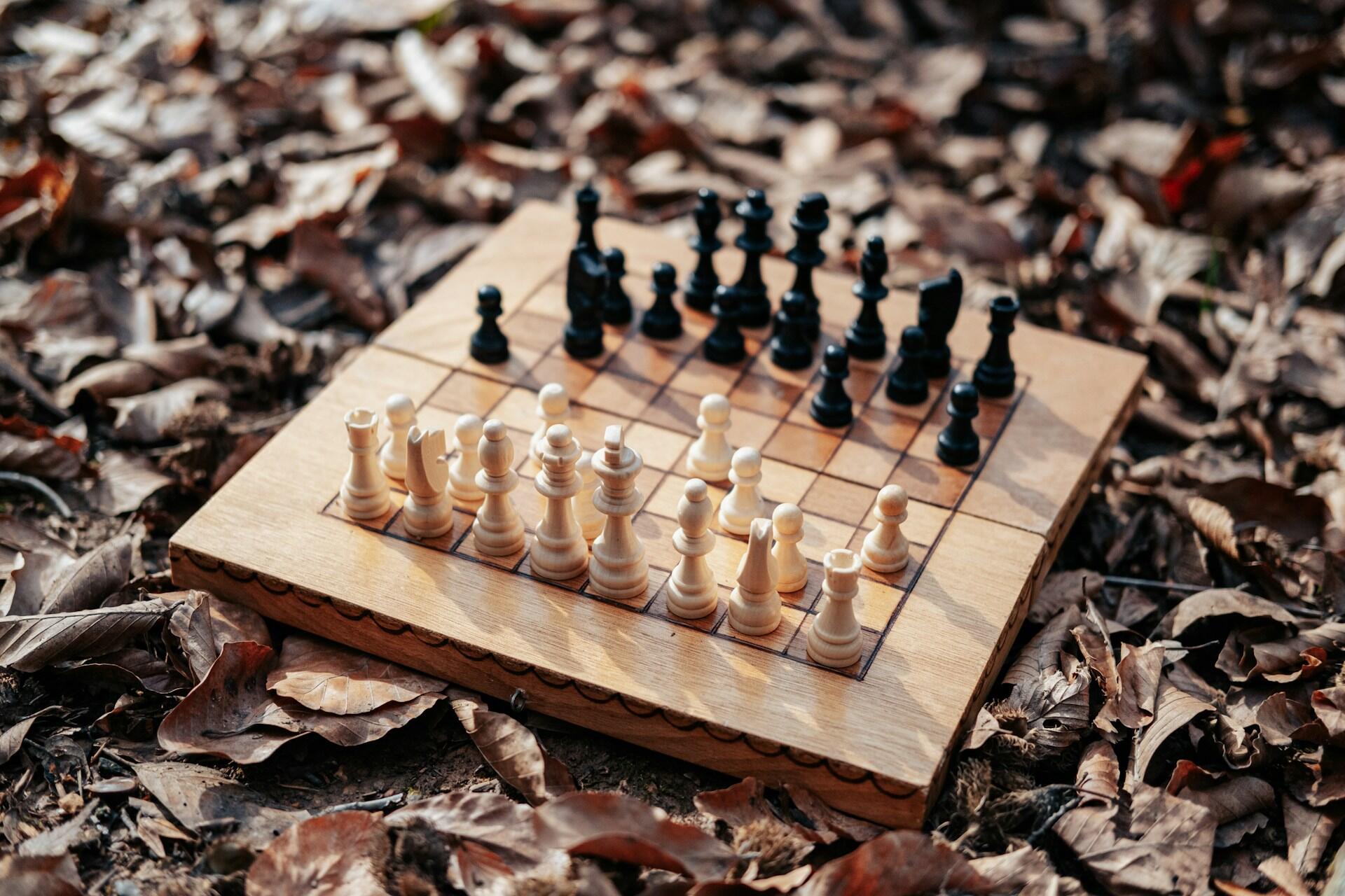 A chess set in leaves.