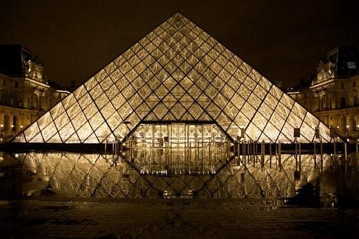 The glass pyramid at the Louvre at night