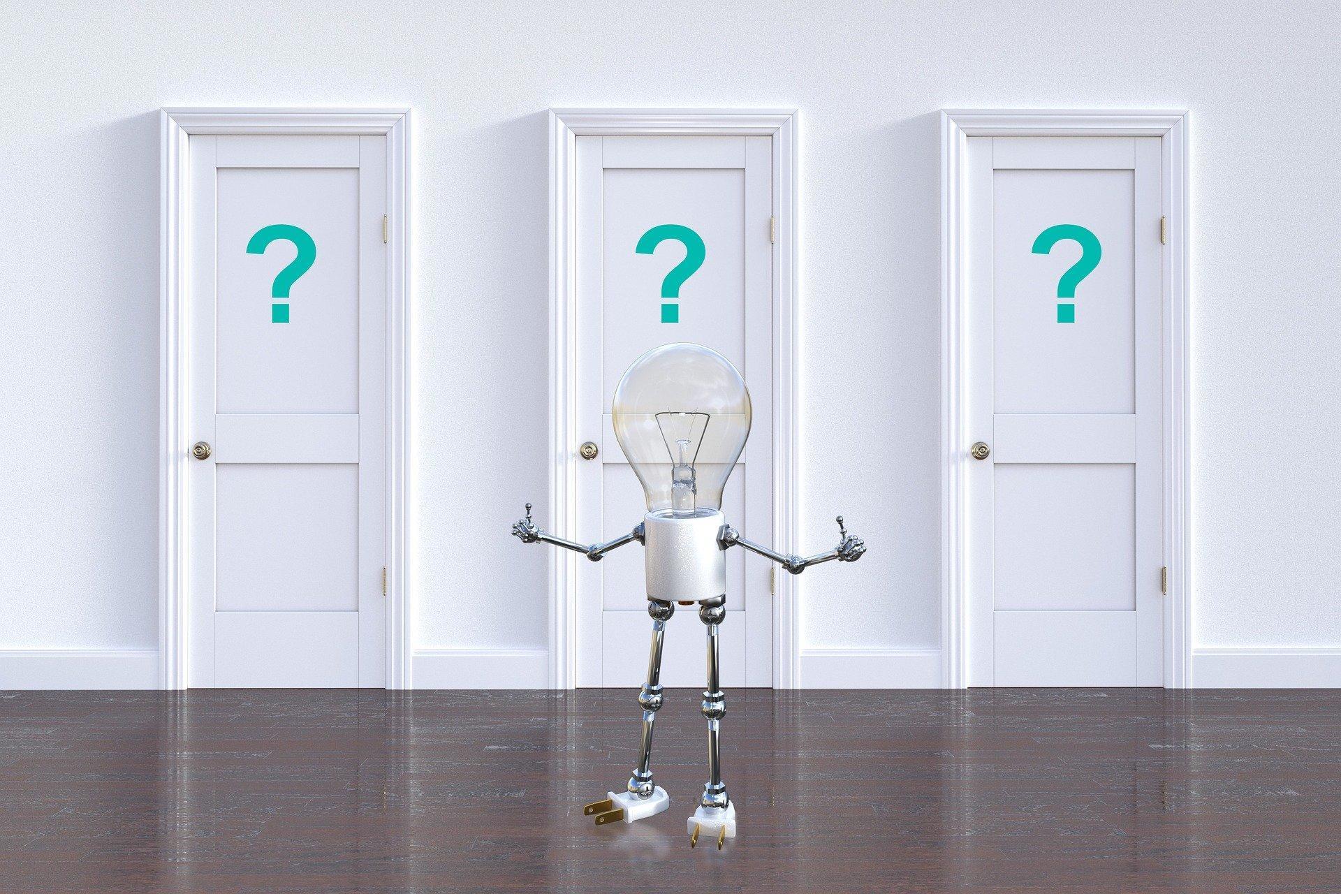 Light bulb and doors with question marks