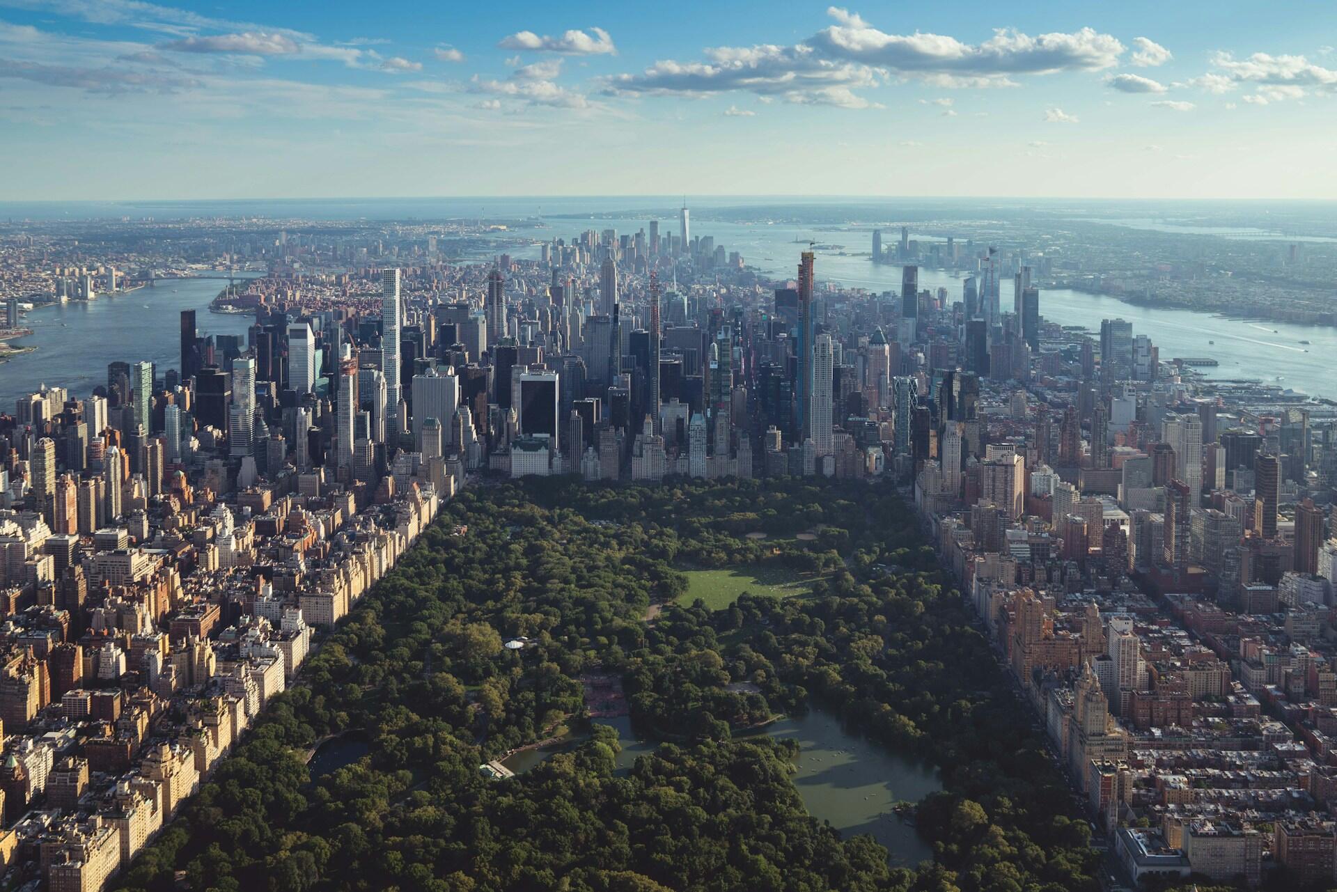 Aerial view of Central Park surrounded by Manhattan buildings
