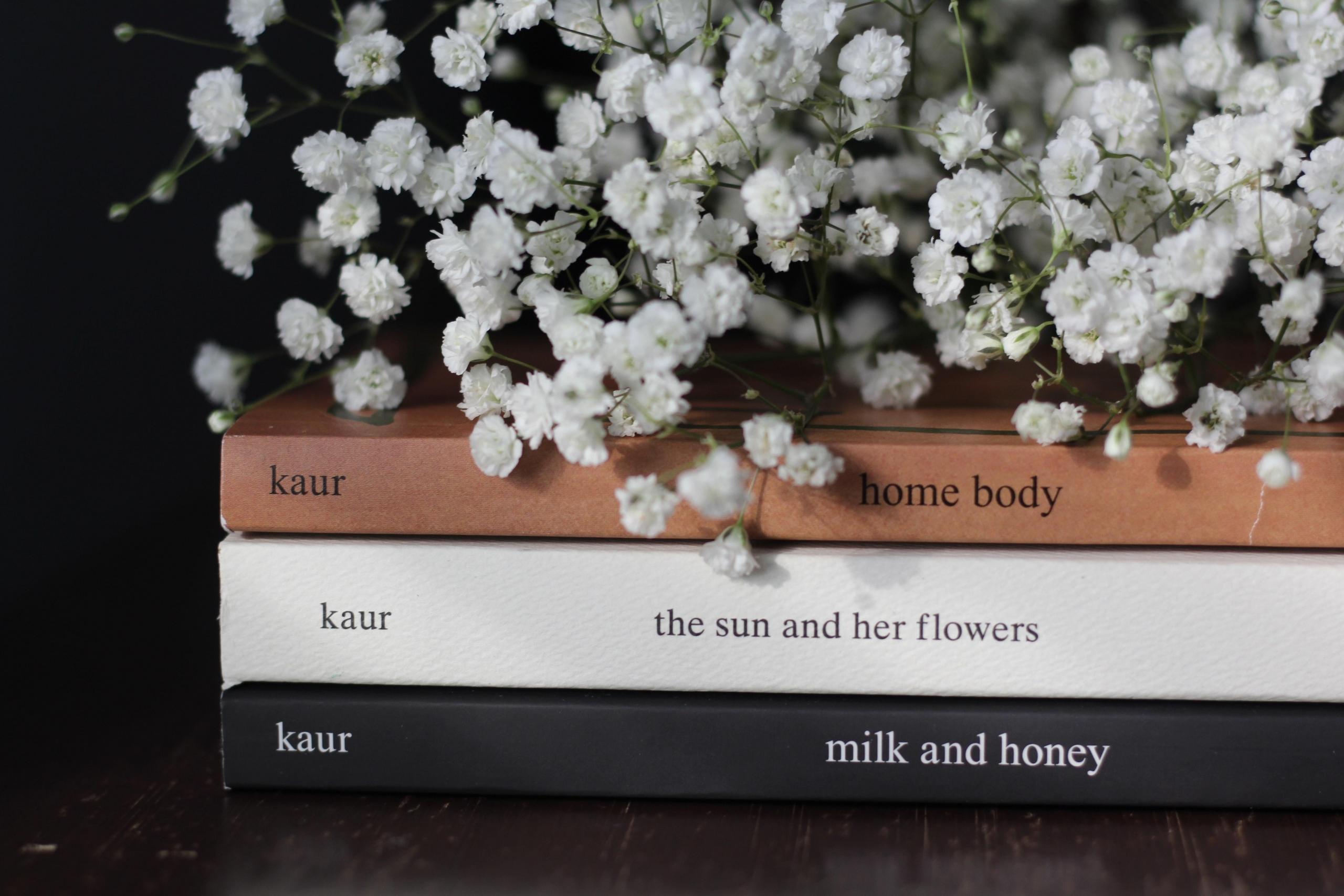 Three books – milk and honey, the sun and her flowers, and homebody – are placed on the table  