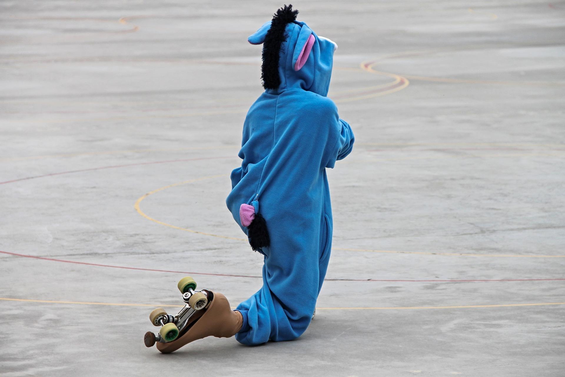 A skater wearing an Eyore costume