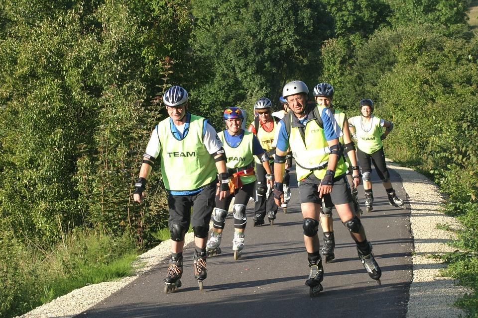 Roller skating for adults, especially up a hill, can work the muscles in the arms and legs