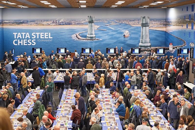 Vertical rows of players competing in the TATA Steel Chess tournament's qualifying rounds