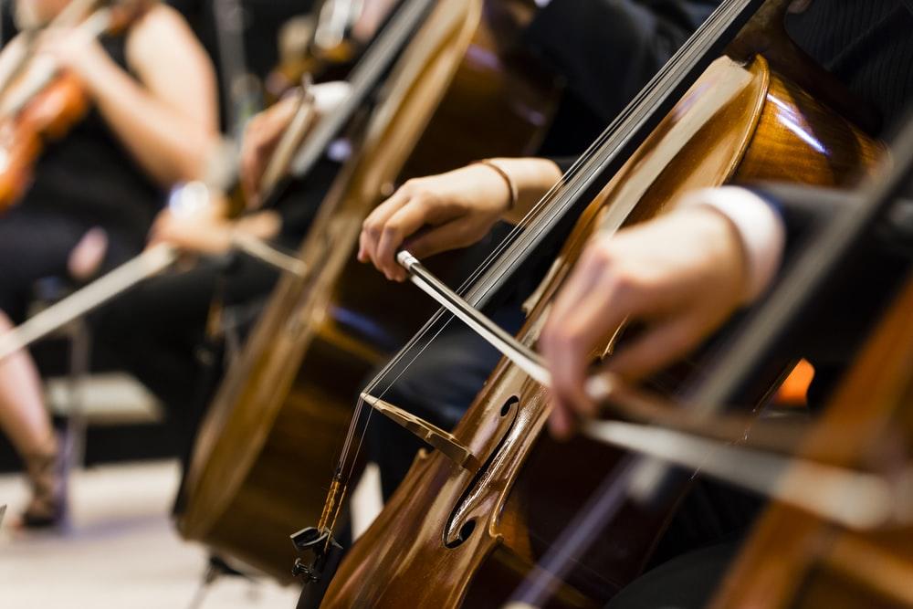 An orchestra cello section aligns itself