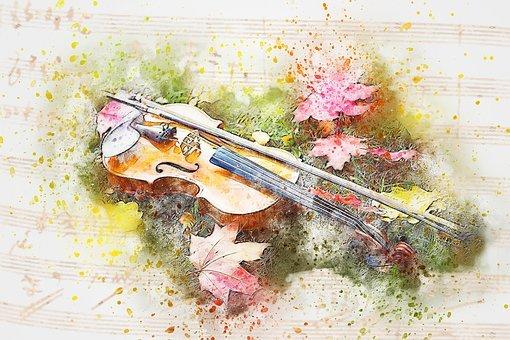 A drawing of a violin set on a field of flowers