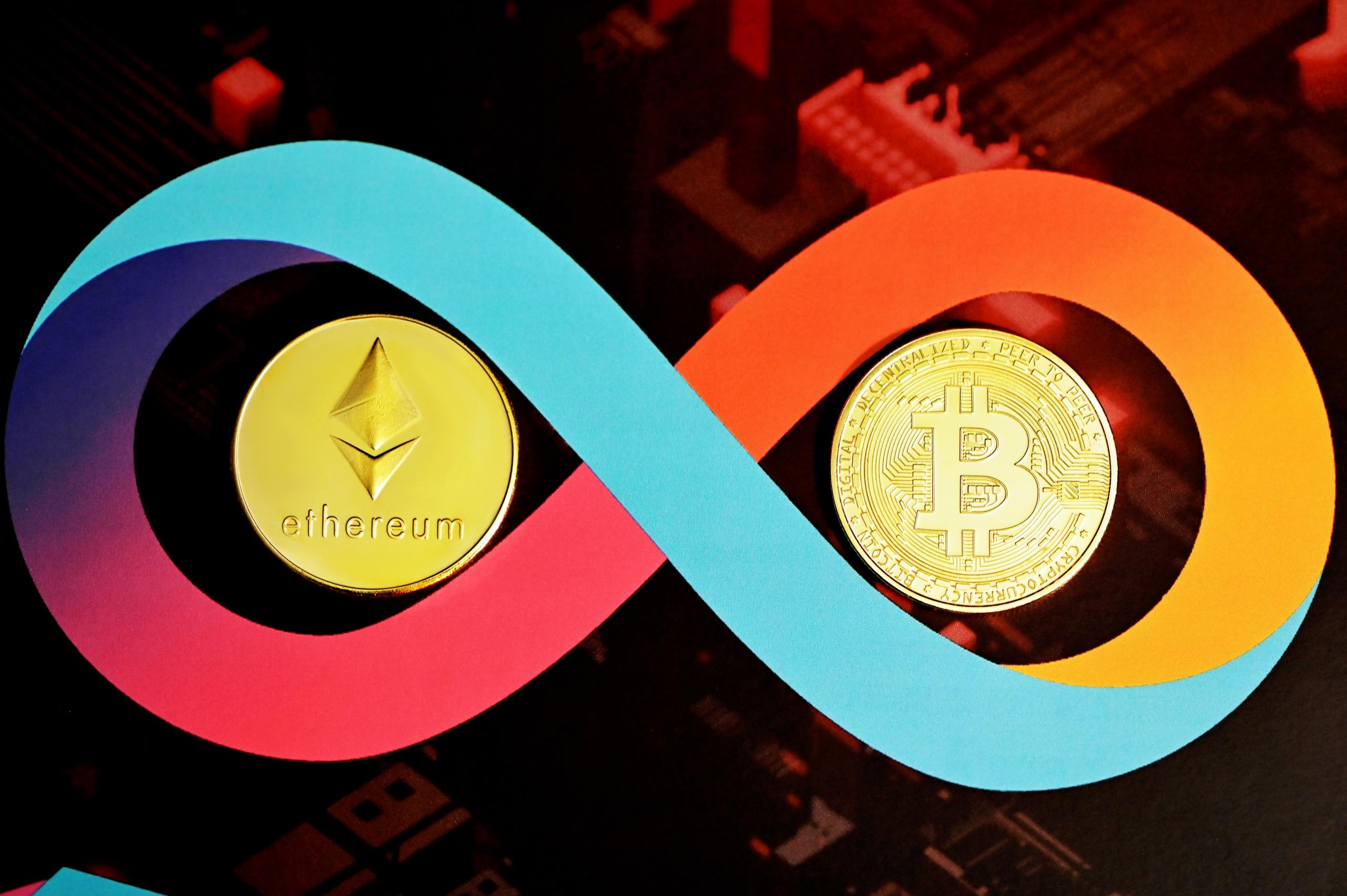 Two of the most famous cryptocurrencies, Bitcoin and Ethereum.