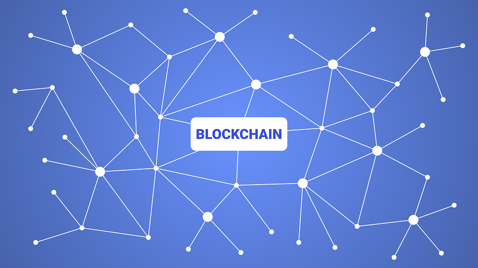 An algorithm of connections is tethered to the word 'blockchain'