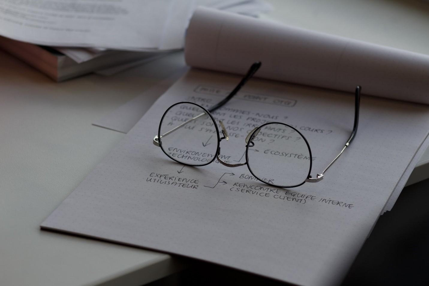 A paper full of notes with a pair of glasses on it