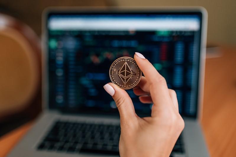 A physical replica of an Ethereum (ETH) coin