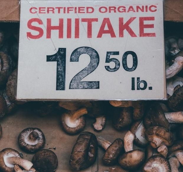 Certified organic shiitake mushrooms at a food market
