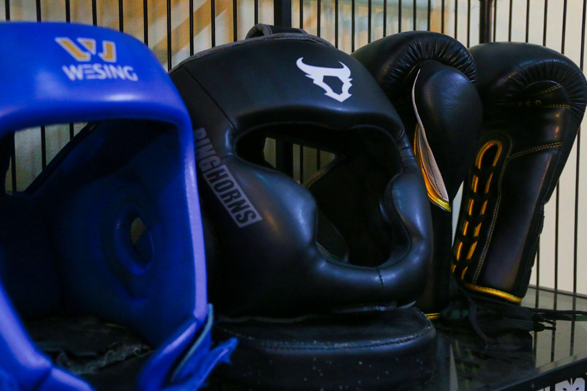 Head gear and boxing gloves.