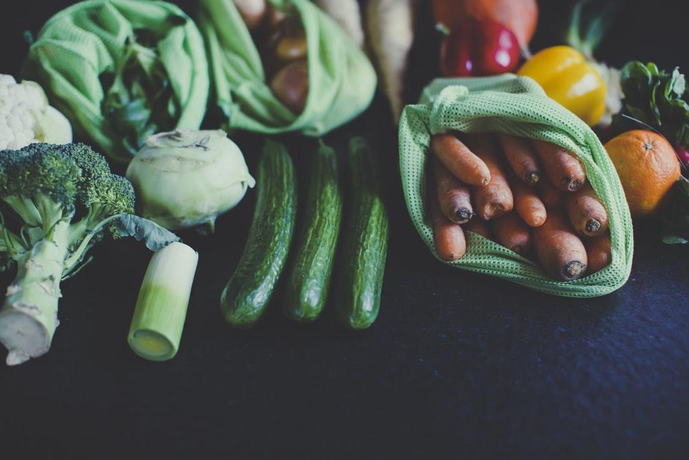 Eco-friendly grocery bags filled with healthy vegetables