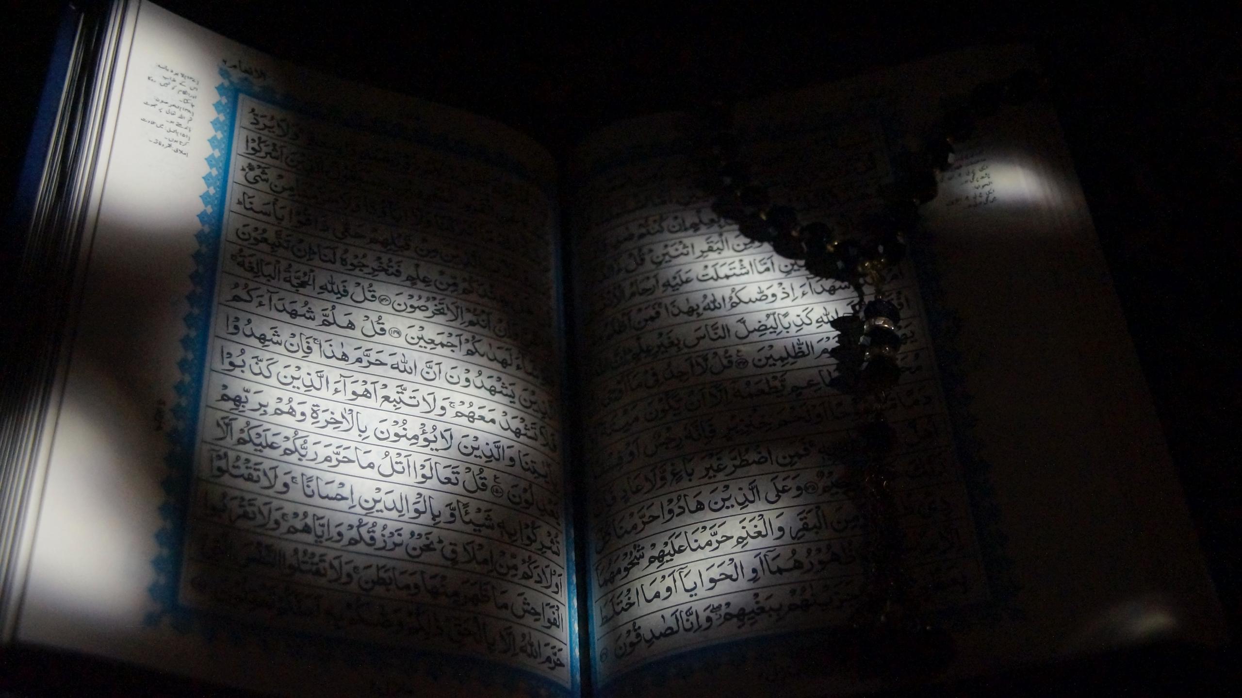The Holy Quran opened with mesh in the foreground, covering parts of it