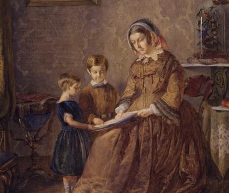 A painting portraying a mother reading to her children