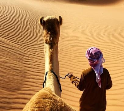 An Arab man walking a leashed camel in a desert