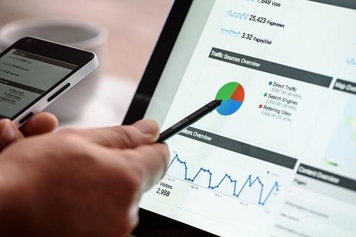 A person pointing to a business chart on a laptop screen