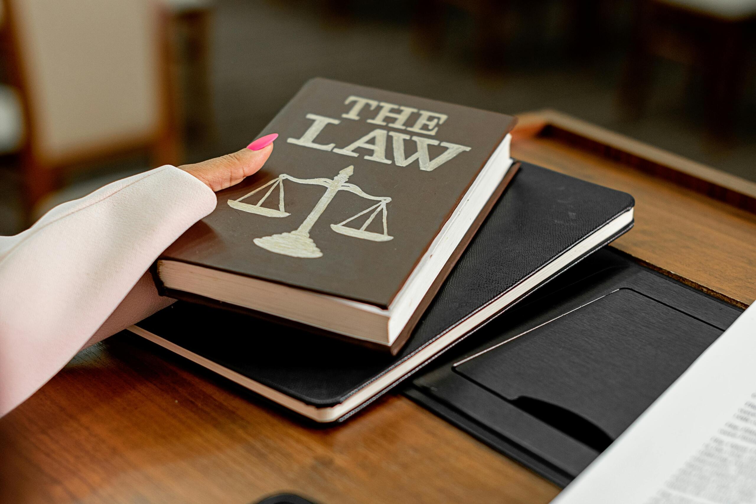 A person holding a book titled "The Law."