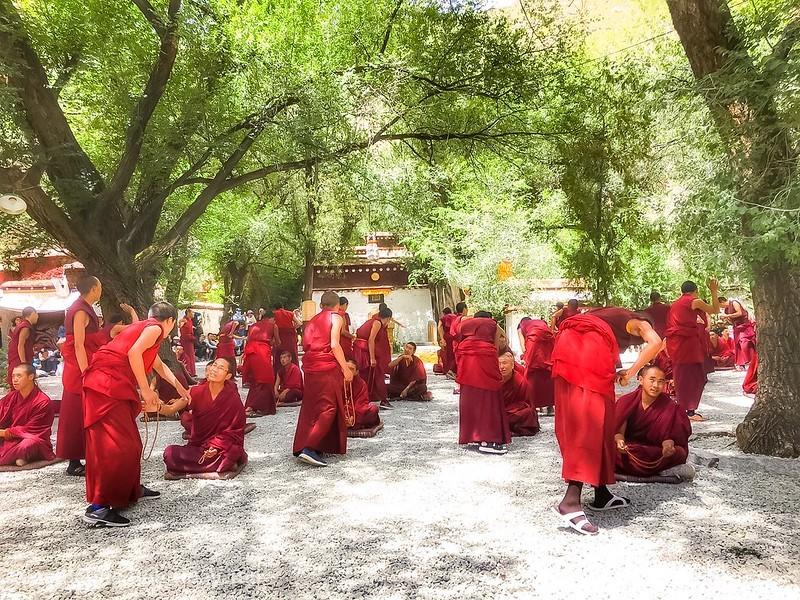 Chinese students in a traditional monastery