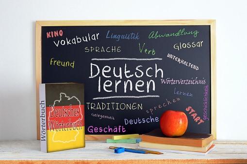 A language tutor has scribbled some German words on a blackboard