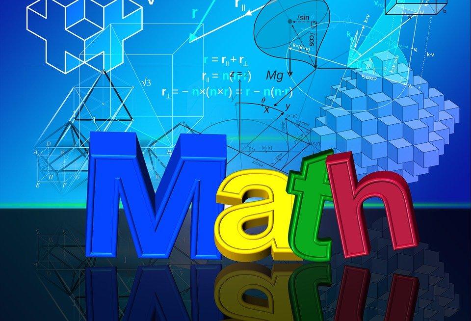 Math letters displayed in different colors in front of shapes and formulas