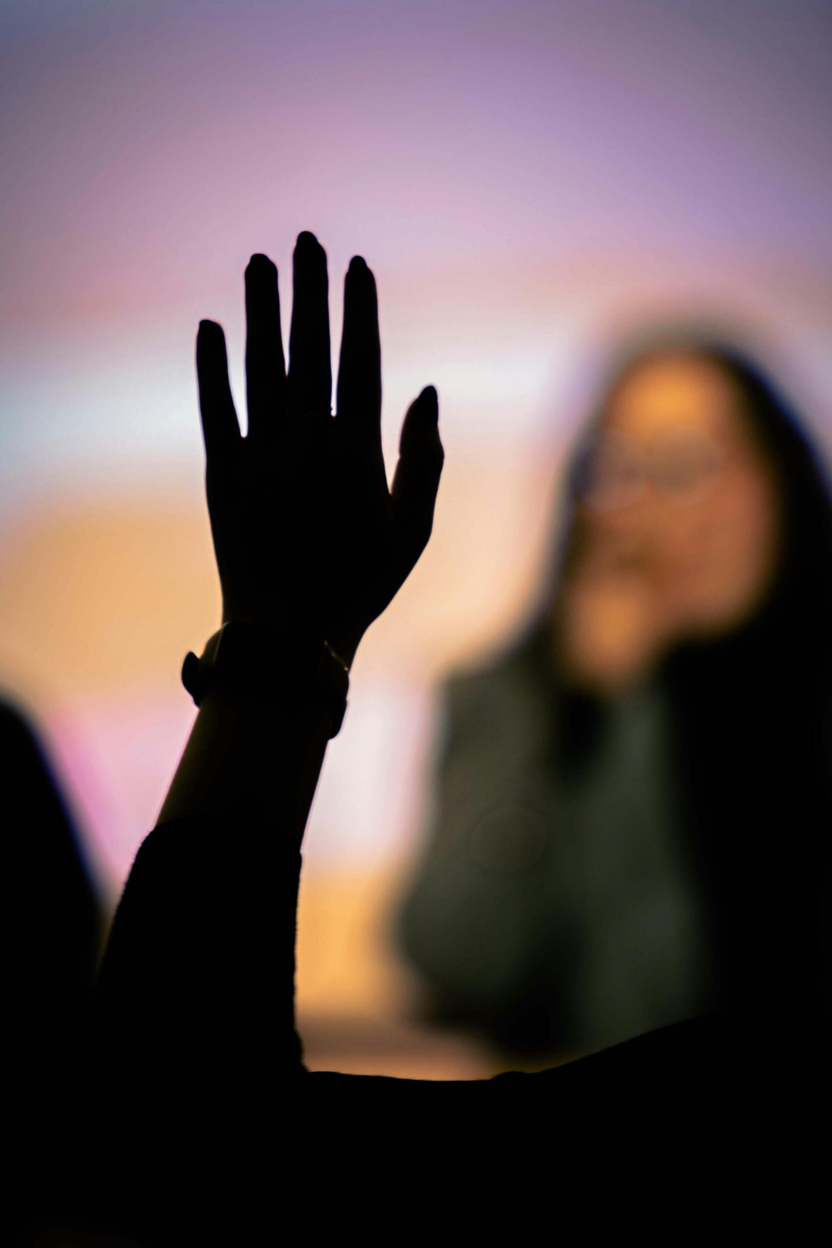 Silhouette of a raised hand in an audience setting, indicating someone seeking to speak or ask a question.