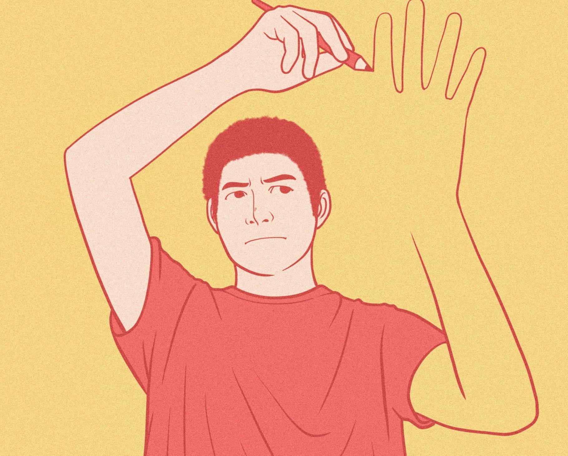An artistic character drawing himself with a pencil.
