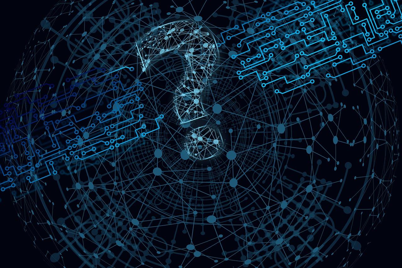 Interconnected network of wires and lines with a question mark in the middle