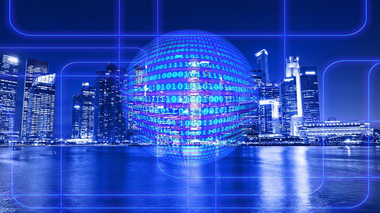 Buildings in the background with a sphere of codes in the center