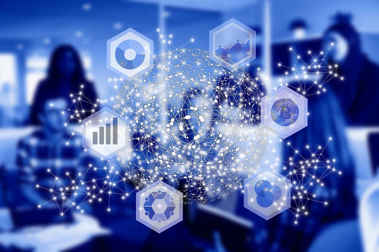 A bunch of icons with several data scientists in the background