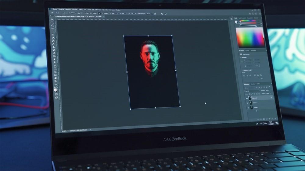 An edited image of Keanu Reeves in a graphic designing software