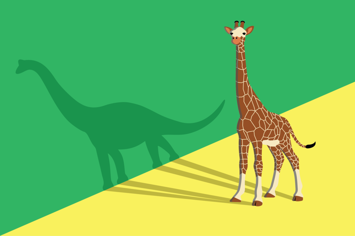 The creative visualization of a giraffe with a dinosaur shadow on solid green and yellow background.