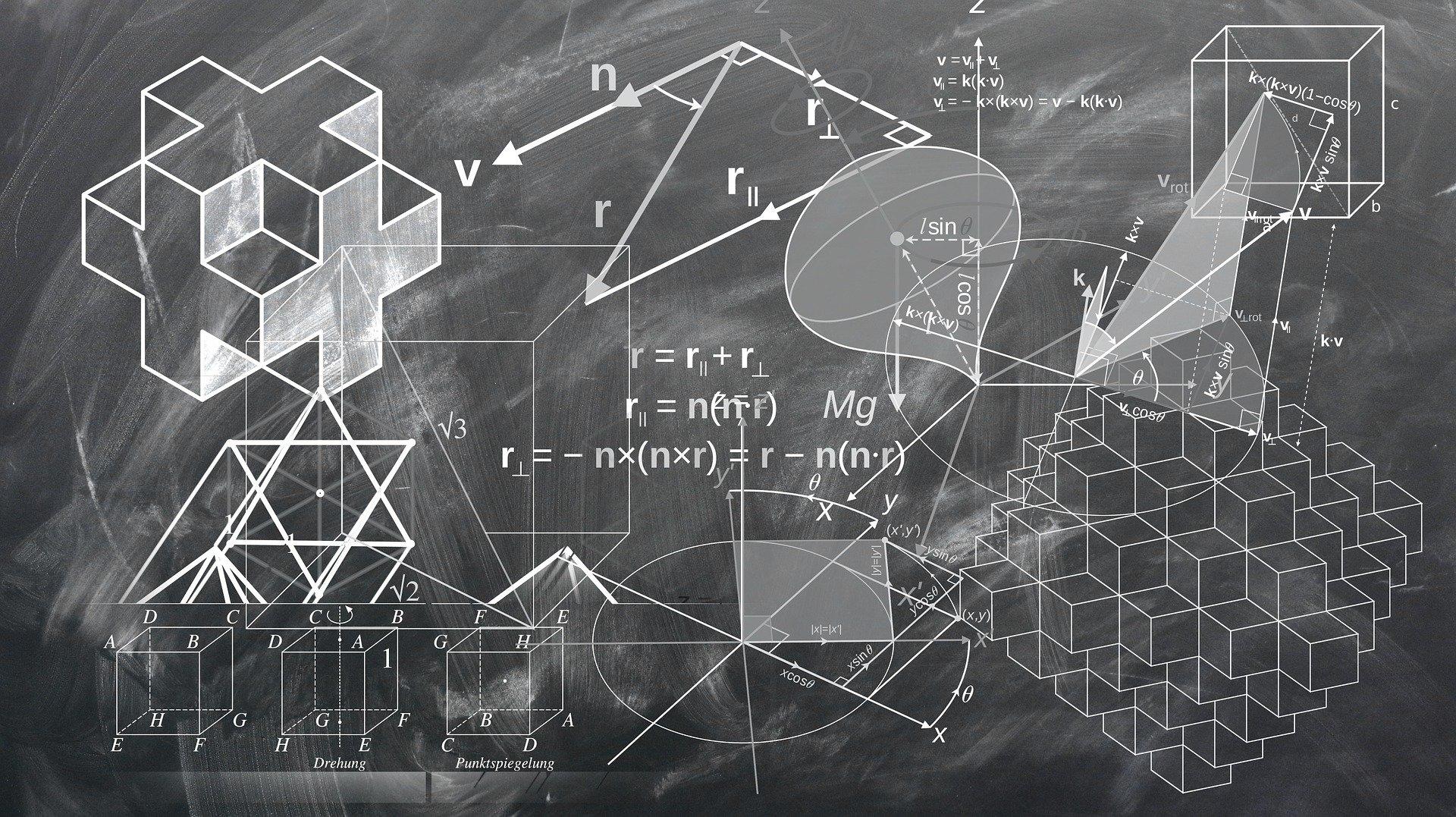 Different geometry equations along with various figures and shapes are written on the blackboard