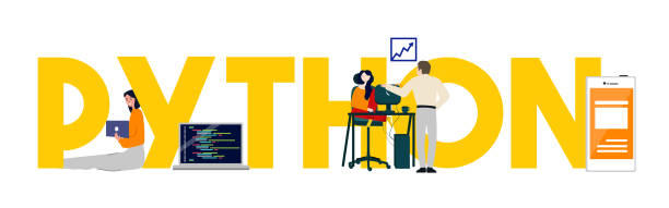 The word python with illustrations of people programming and devices around it