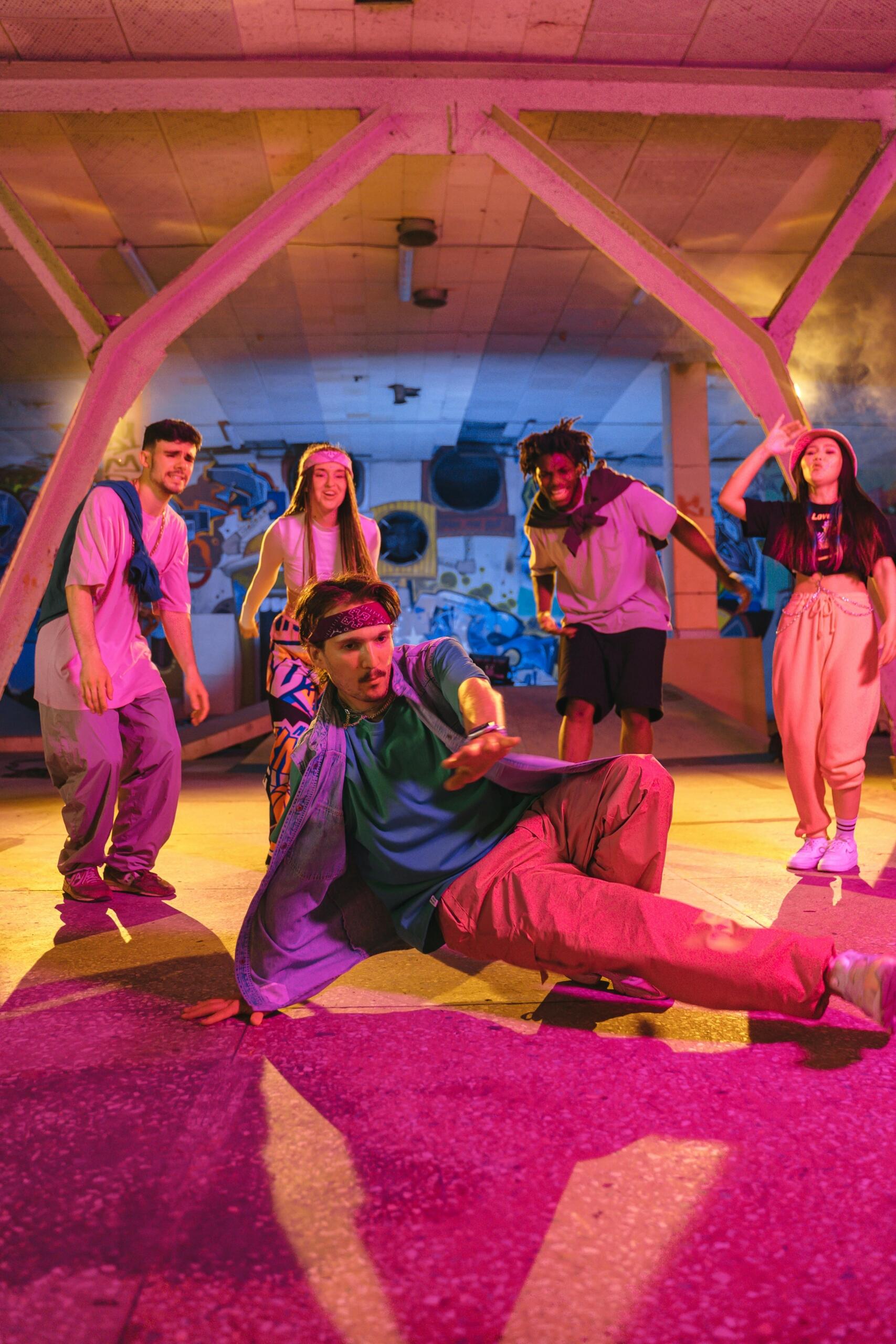 A group of people having fun breakdancing