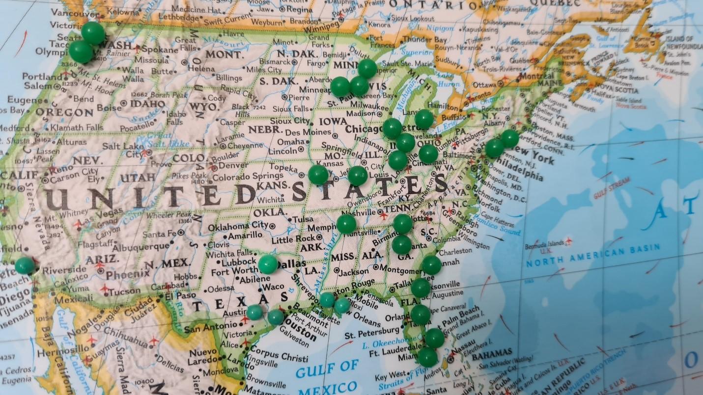 Map of America with pins in it