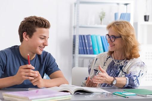 A home tutor giving private lessons to a male student
