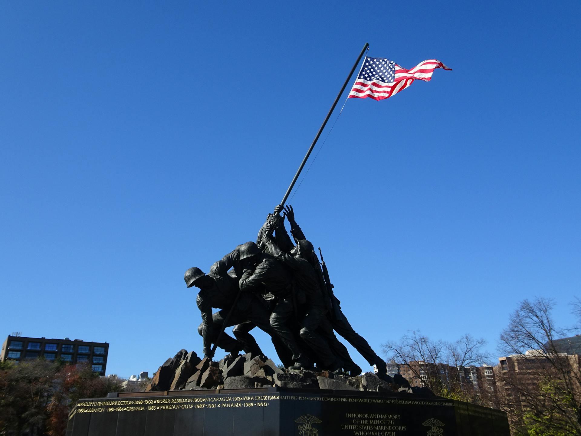 Iwo Jima Marine Corps War Memorial statue in Arlington, VA cemetery near Washington DC