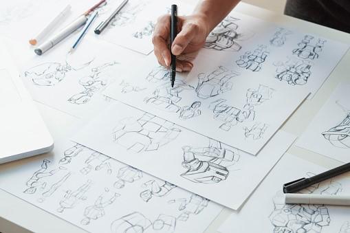 A display of animation sketches on papers