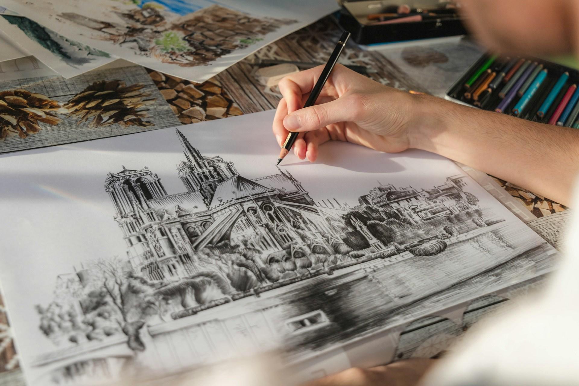 A black and white sketch of the Notre Dame.