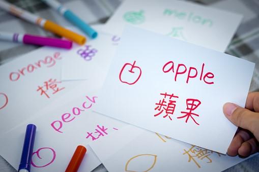 Flashcards with different fruits made on them and their English and Mandarin words