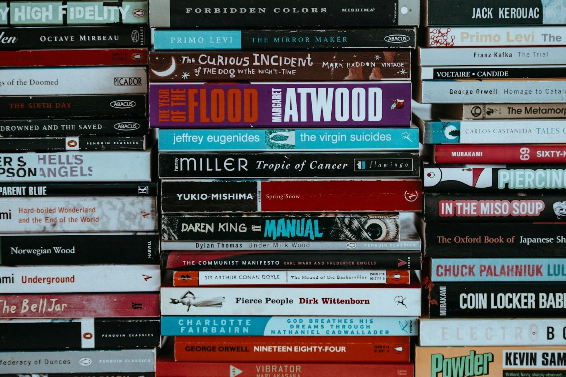 A stack of various literary works.