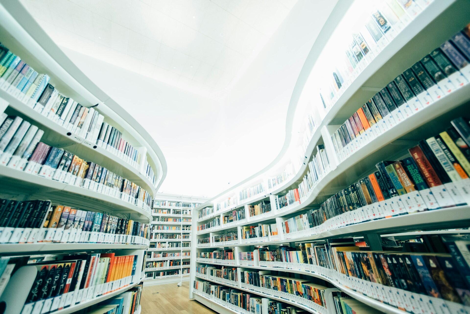 Books in a modern-looking library.