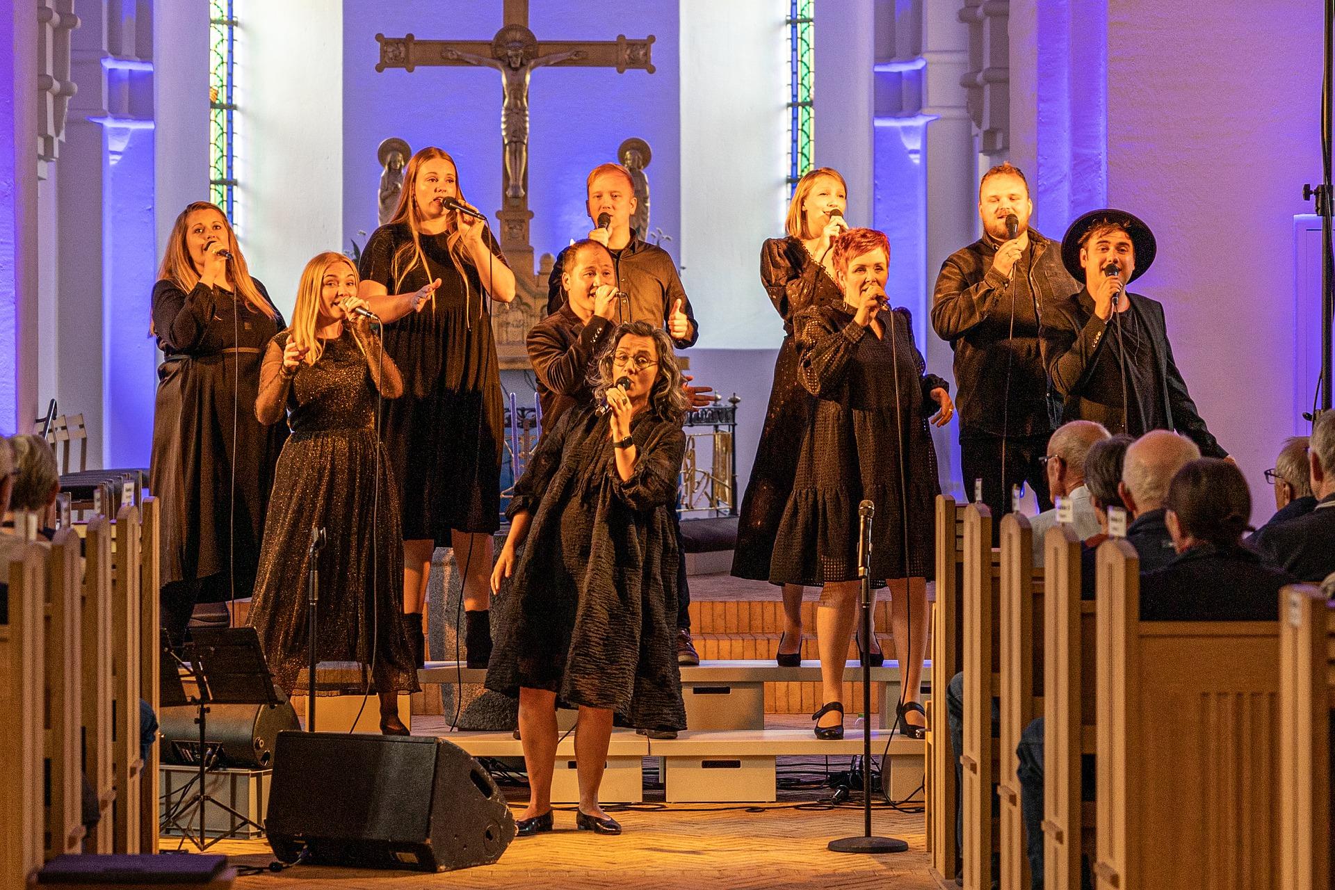 Gospel singers performing before a congregation